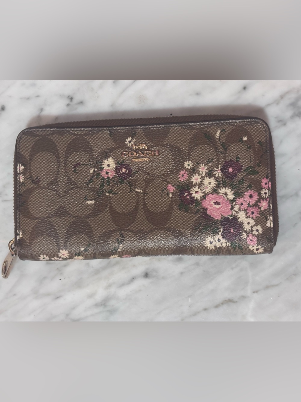 Coach Brown Signature Floral Zip Wallet with Pink Accents
